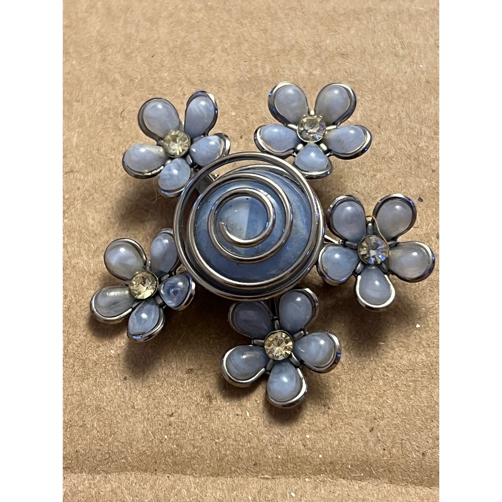 Vintage Coro Blue Cabochon Flower Spiral Brooch Silver Tone Rhinestone Pin